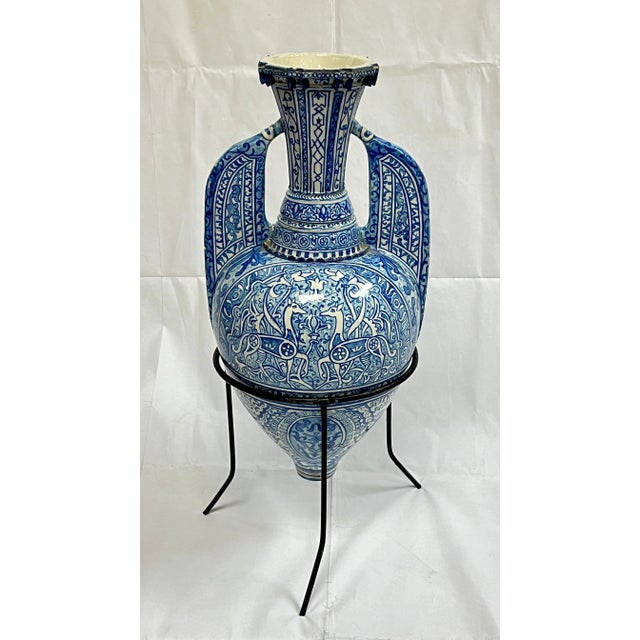 Islamic Antique Blue and White Ceramic Alhambra Vase and Iron Stand For Sale - Image 3 of 12