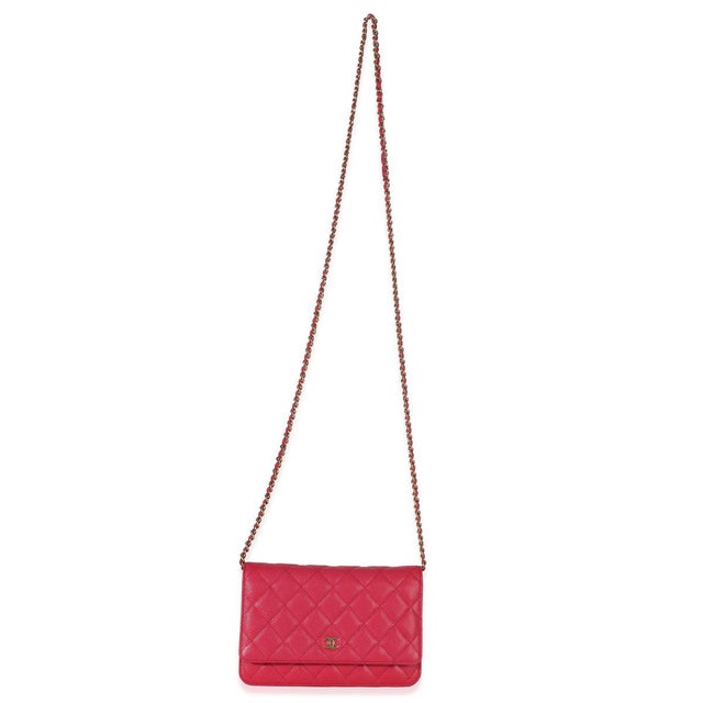 Pink Dark Pink Quilted Caviar Wallet On Chain For Sale - Image 8 of 10