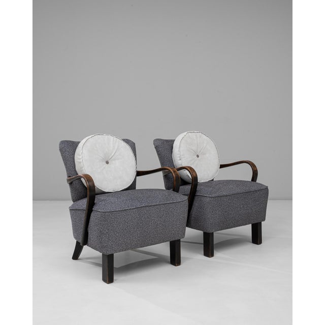 Gray 1940s Czech Art Deco Upholstered Armchairs With Round Pillows - A Pair For Sale - Image 8 of 18