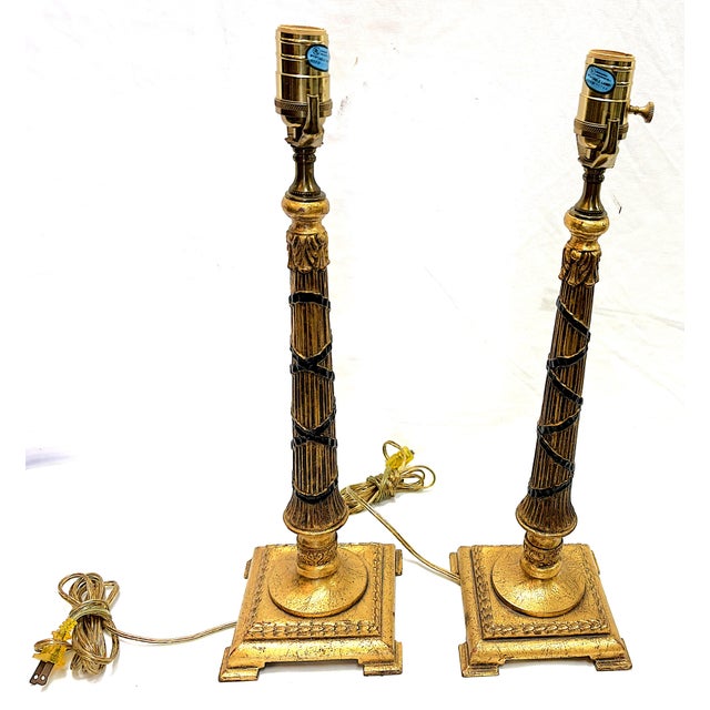 Late 20th Century Vintage Hollywood Regency Style Gold Leaf Column Candlestick Lamps- A Pair For Sale - Image 5 of 18