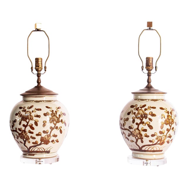 1990s Chinese Brown and White Ginger Jar Lamps, a Pair For Sale