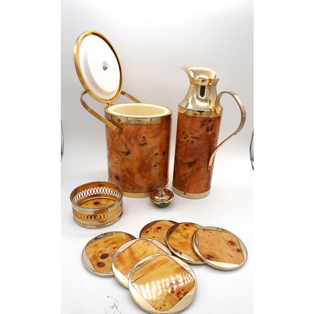 Italian Walnut Serving Set Including Tray, Ice Bucket, Thermos and Coasters, 1970s, Set of 4 For Sale - Image 4 of 18
