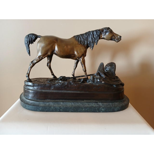 Majestic PJ Mene(Pierre-Jules Mene) horse sculpture on polished marble base. Bronze. Arab mare with saddle and rifle. Mid...