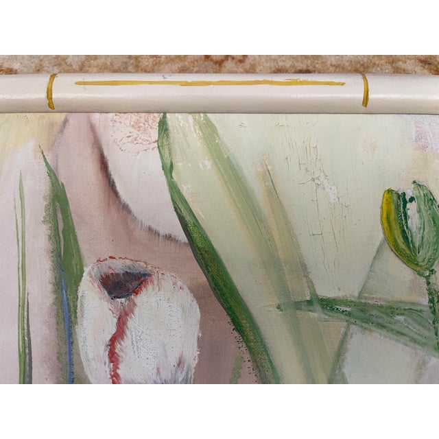 “Tiptoe Through the Tulips” | Large Vintage Floral Garden Painting in Faux Bamboo Frame | 50” For Sale - Image 9 of 12