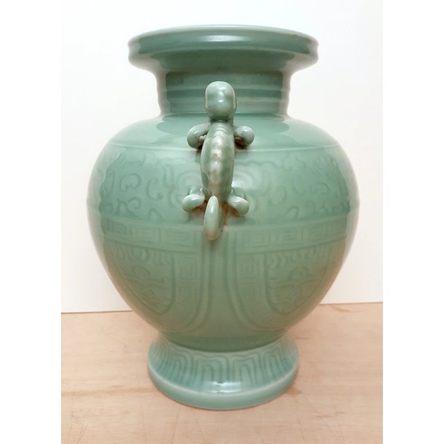 Early 20th Century Chinese Porcelain Celadon Dragon Handled Vase For Sale - Image 4 of 7