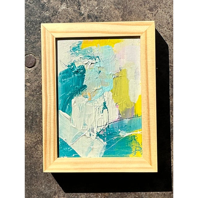 This vibrant original abstract oil painting on board is a spirited example of late 20th-century gestural modernism....