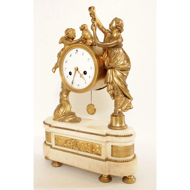 Stone Louis XVI Style Figural Gilt-Bronze and Marble Mantel Clock For Sale - Image 7 of 13