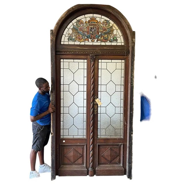 Traditional Large Antique Leaded Glass Arched Double Entry Doors For Sale - Image 3 of 4