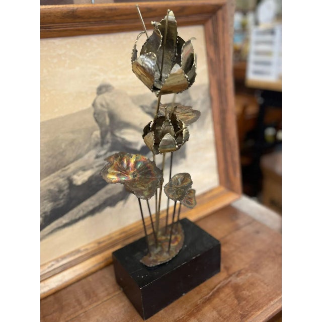 Vintage Brass Stone Flower Sculpture. Mid Century Brutalist Style , no Makers Mark. Beautiful Rainbow Petina, wooden Base....