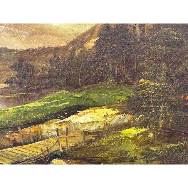 Realism Golden mountain peaks rise above a quiet river where light and solitude meet 1975 Circa For Sale - Image 3 of 17