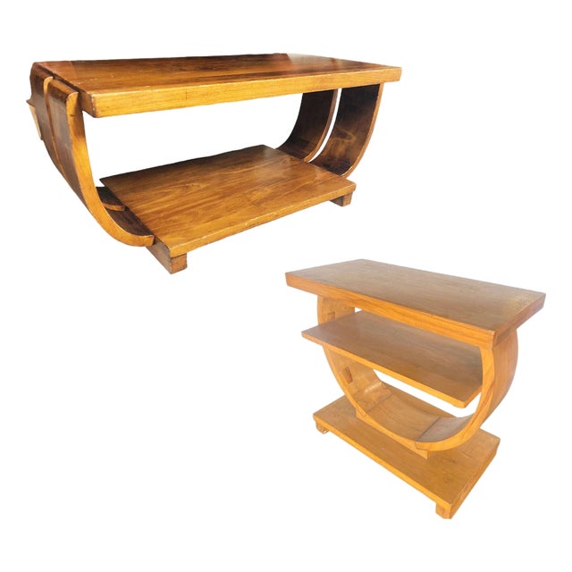 1930s Blond Geometric Art Deco Side & Coffee Table Attributed to Gilbert Rohde for Brown Saltman For Sale