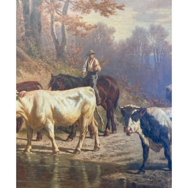 Brown 19th Century Swiss Pastoral Cow Painting Signed Charles Humbert in Frame For Sale - Image 8 of 12