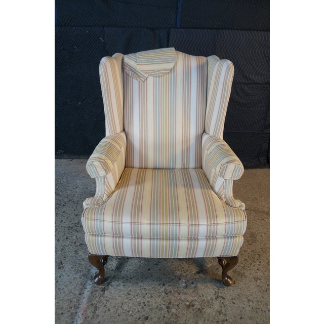 1980s Ethan Ellan Traditional Classics Queen Anne Maple Striped Library Wingback Chair For Sale - Image 10 of 18
