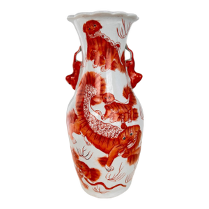 Vintage Chinese Porcelain Vase With Red Foo Lions