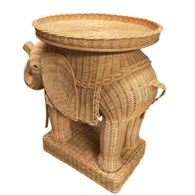 2000 - 2009 Vintage Natural Wicker and Rattan Elephant Accent Side Table With Tray Top For Sale - Image 5 of 12