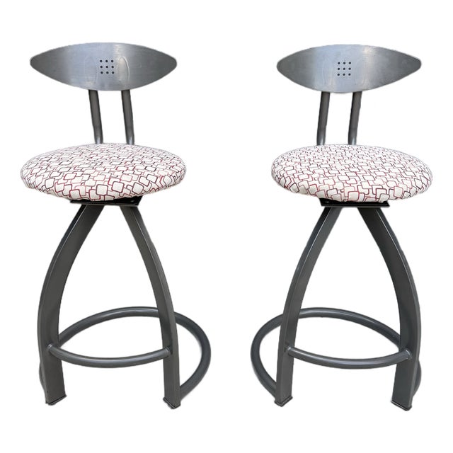 Pair of Contemporary Modern Industrial Swivel Counter Bar Stools For Sale
