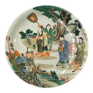 Chinese Distressed Off White Porcelain People Scenery Painting Plate