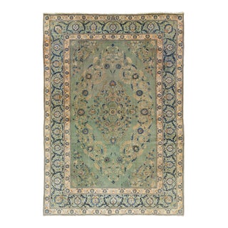 Chic Green Handmade Wool Rug Vintage Kashan 9 X 12 For Sale
