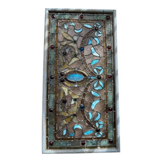 Vintage Leaded Stained Glass Panel in Distressed Wood Frame For Sale