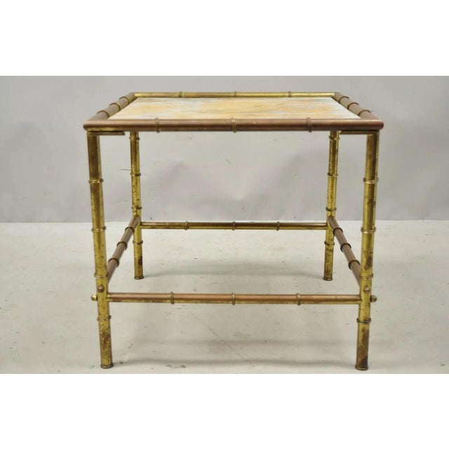 Mid 20th Century Italian Hollywood Regency Faux Bamboo Brass Tole Metal Low Square Side Table For Sale - Image 11 of 11