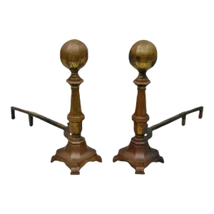 19th Century American Federal Brass Cannonball Andirons With Aged Patina - a Pair