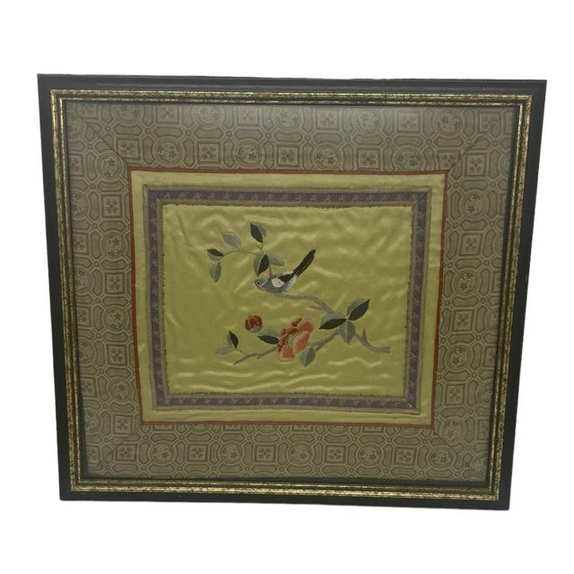 Vintage Japanese Framed Silk Embroidered Panel With a Singing Bird on a Cherry Blossom Tree Limb Design For Sale - Image 12 of 12