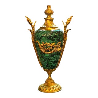 French Style Green Porcelain Vase With Gold Leaf & Bronze Accents – Marbleized Decorative Vase For Sale