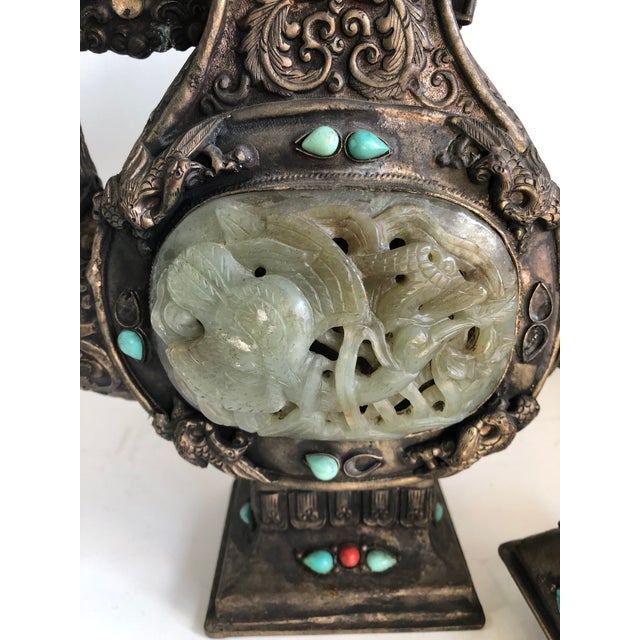 Antique Silver Jade Tibetan Wine Ewers Turquoise and Coral Decorated-A Pair For Sale In Chicago - Image 6 of 11