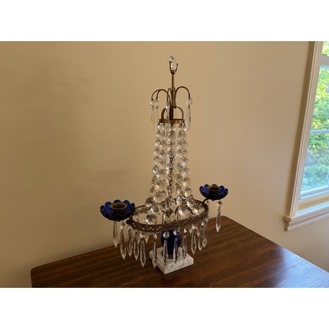 Early 20th Century Early 20th Century Gustavian Crystal Girandole With Cobalt Glass and Marble For Sale - Image 5 of 13