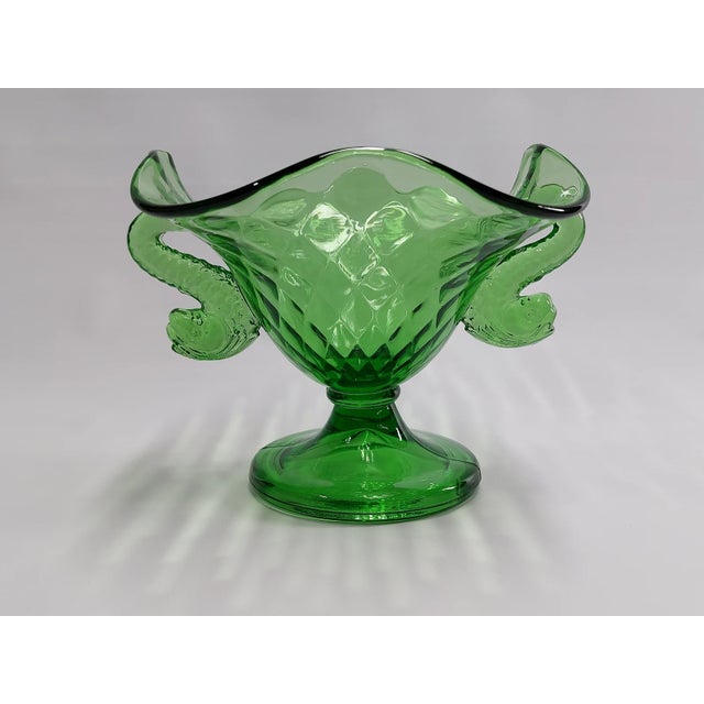 Fenton Art Glass Company Vintage Fenton Dolphin Green Uranium Glass Two Handled Crimped Bowl For Sale - Image 4 of 11