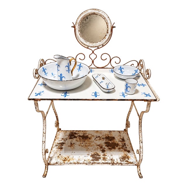 Napoleon III Dressing Table in Wrought Iron and Enamel Fleur-De-Lis Decoration For Sale