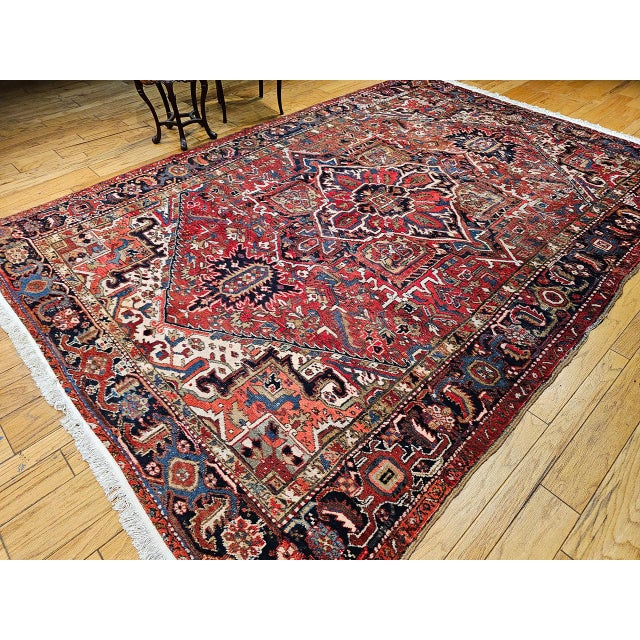 Vintage Persian Heriz Rug, Hand-Knotted Wool, Geometric Medallion Pattern, Red & Navy, 9x12 For Sale - Image 10 of 18