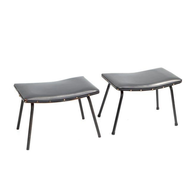 Pierre Guariche Pierre Guariche French Black Benches Steel & Distressed Faux Leather 1960 - A Pair For Sale - Image 4 of 12