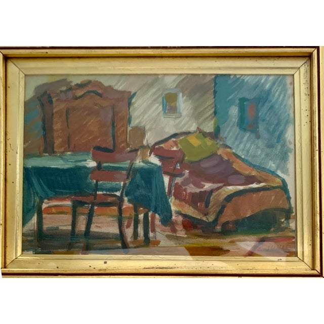 Late 20th Century Painting Interior Room Signed L Suhar Original Mixed Media Vintage Art For Sale - Image 4 of 6