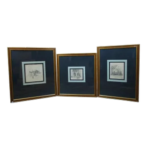 Antique 1920s T Voorhees Architectural Pencil Sketch House Drawings - Set of 3, Framed