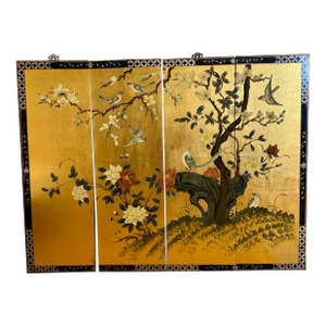 Chinese Lacquered Birds & Botanical Motif Wall Panels, S/4