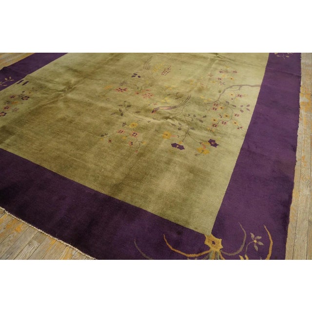 1920s Olive Green Floral Vase Antique Chinese Art Deco Carpet 9' X 12' Knotted Wool Rug For Sale In New York - Image 6 of 11