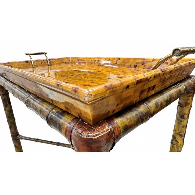Boho Maitland Smith Tortoise Bamboo and Tessellated Penshell Tray Table For Sale - Image 12 of 18