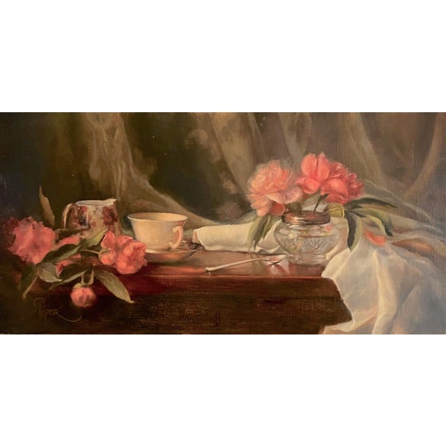 Cut Glass III by Marsha Whitesides Piper | Oil on Linen Panel Still life with flowers and a cup For Sale