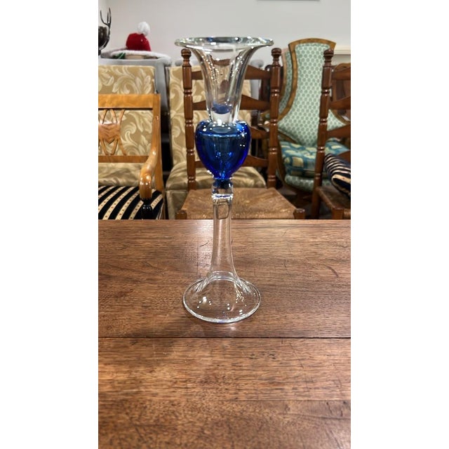 Art Deco Pair of Vintage Hand-Blown Cobalt Blue Candlestick Holder For Sale - Image 3 of 6