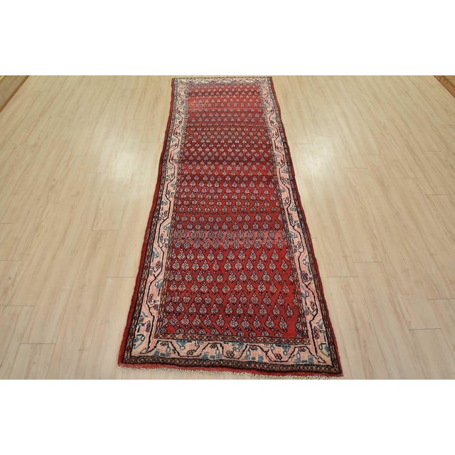 Cabin Mir Runner 3’6” X 9’3” Red Wool Vintage Tribal Hand-Knotted Oriental Rug For Sale - Image 3 of 14