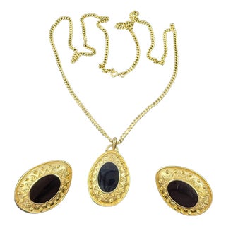Etruscan Revival Style Leslie Block Necklace & Clip Earrings Set Black & Gold Vintage For Sale