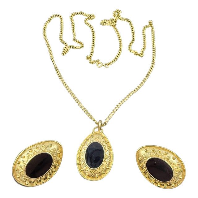 Etruscan Revival Style Leslie Block Necklace & Clip Earrings Set Black & Gold Vintage For Sale