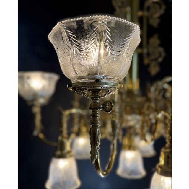 Vintage Brass 2-Up 2-Down Chandelier, Etched Glass Shades, Victorian Revival Lighting Fixture For Sale - Image 13 of 18