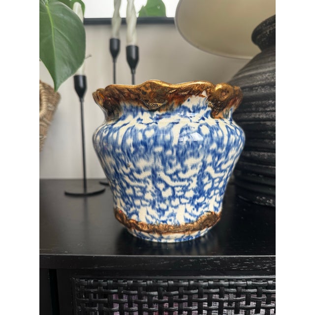 Antique Blue Brown American Art Pottery Spongeware Jardiniere Copper Luster 1900 For Sale In Kansas City - Image 6 of 7