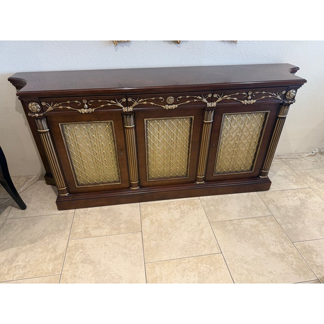 English Regency Mahogany Inlaid Credenza W/Brass Grill Inset Doors For Sale - Image 3 of 18