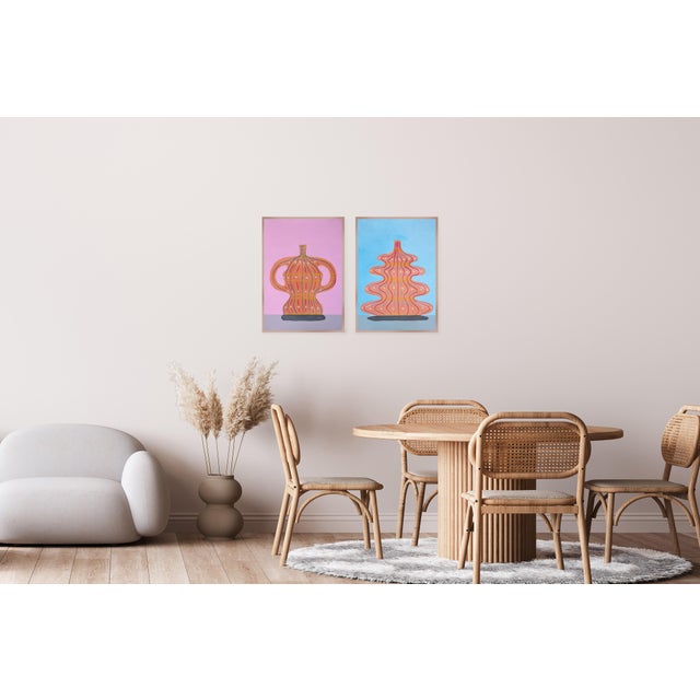This modern still life diptych by Gio Bellagio is inspired by ancient Greek ceramic vessels. The pots are adorned with...