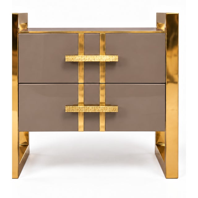 Wood Taupe Glass Two-Drawer Nightstands with Architectural Brass Frames from Justfurnituress SRL, Set of 2 For Sale - Image 7 of 10