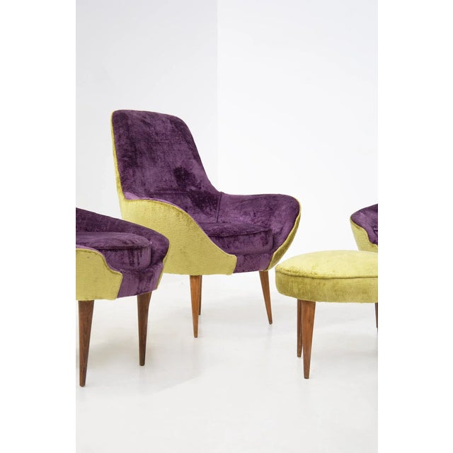 Wood Set of Vintage Wooden Armchairs in Purple and Green Velvet For Sale - Image 7 of 11