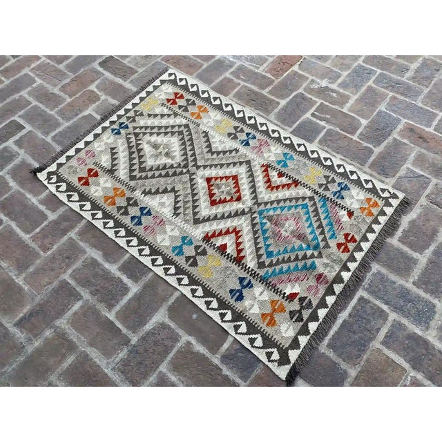 Shabby Chic Tribal Kilim Hand-Woven Wool Rug 3.2' X 4.7' For Sale - Image 6 of 8